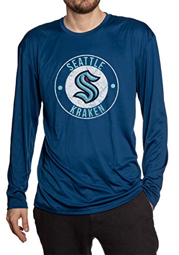 Seattle Kraken loose fit performance long sleeve rashguard, front view. Distressed logo in middle of the chest.