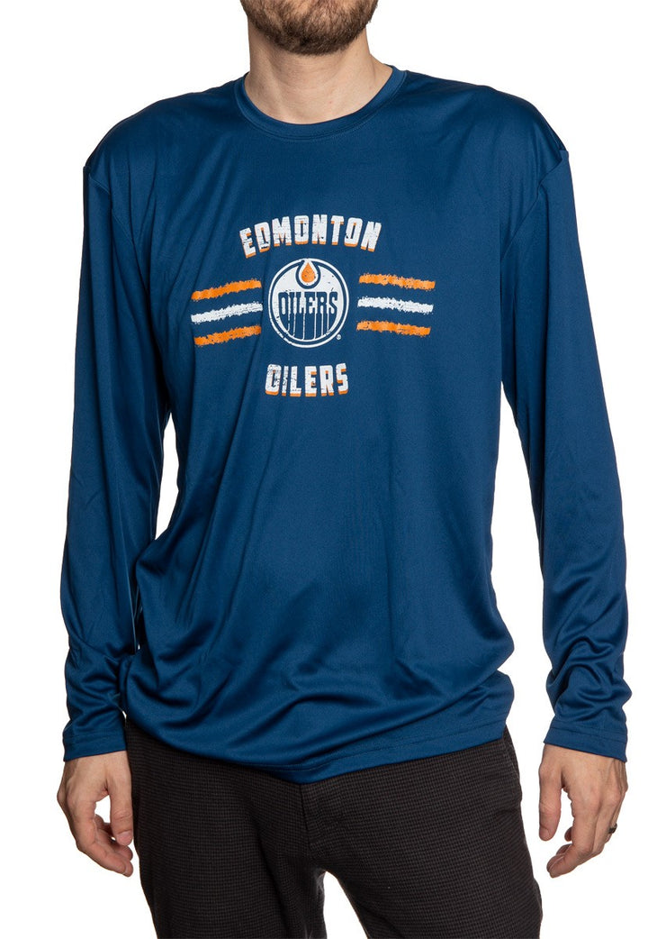 Men's Officially Licensed NHL Distressed Lines Long Sleeve Performance Rashguard Wicking Shirt- Edmonton OIlers  Full Length Front View OF Man Wearing Shirt