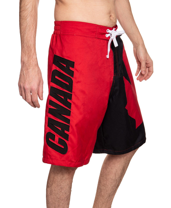 Canada Flag Boardshorts for Men in Red and Black Side View.