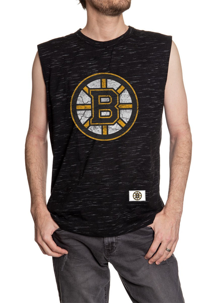 Men's Team Logo Crew Neck Space Dyed Cotton Sleeveless T-Shirt- Boston Bruins Front View with Logo