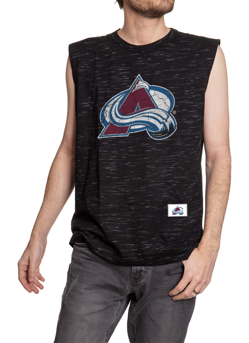 Men's Team Logo Crew Neck Space Dyed Cotton Sleeveless T-Shirt- Colorado Avalanche Mens Full Front Logo Tank Top