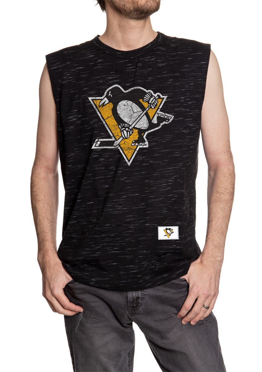 Men's Team Logo Crew Neck Space Dyed Cotton Sleeveless T-Shirt- Pittsburgh Penguins Full Length Photo With Full Size Front Logo