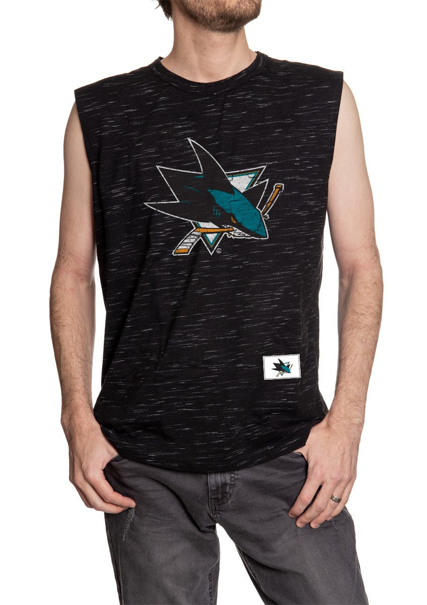 Men's Team Logo Crew Neck Space Dyed Cotton Sleeveless T-Shirt- San Jose Sharks Full Front Logo Full Length Photo