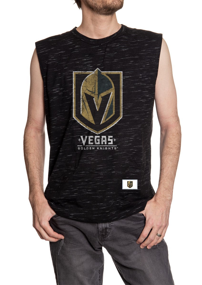 Men's Team Logo Crew Neck Space Dyed Cotton Sleeveless T-Shirt-  Vegas Golden Knights Full Length Front Photo With Full Size Logo