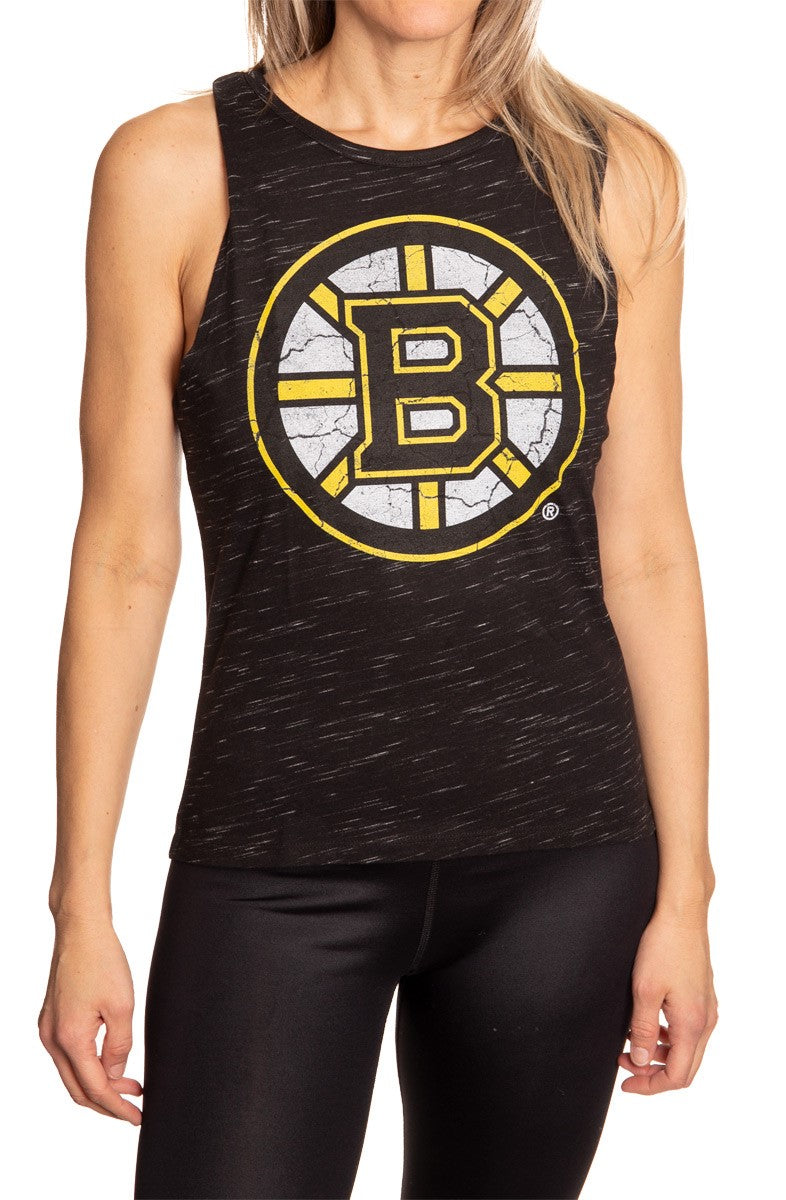Ladies NHL Team Logo Crew Neck Space Dyed Sleeveless Tank Top Shirt- Boston Bruins Full Length Front View with Logo