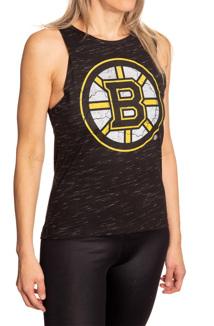 Ladies NHL Team Logo Crew Neck Space Dyed Sleeveless Tank Top Shirt- Boston Bruins Full Side VIew
