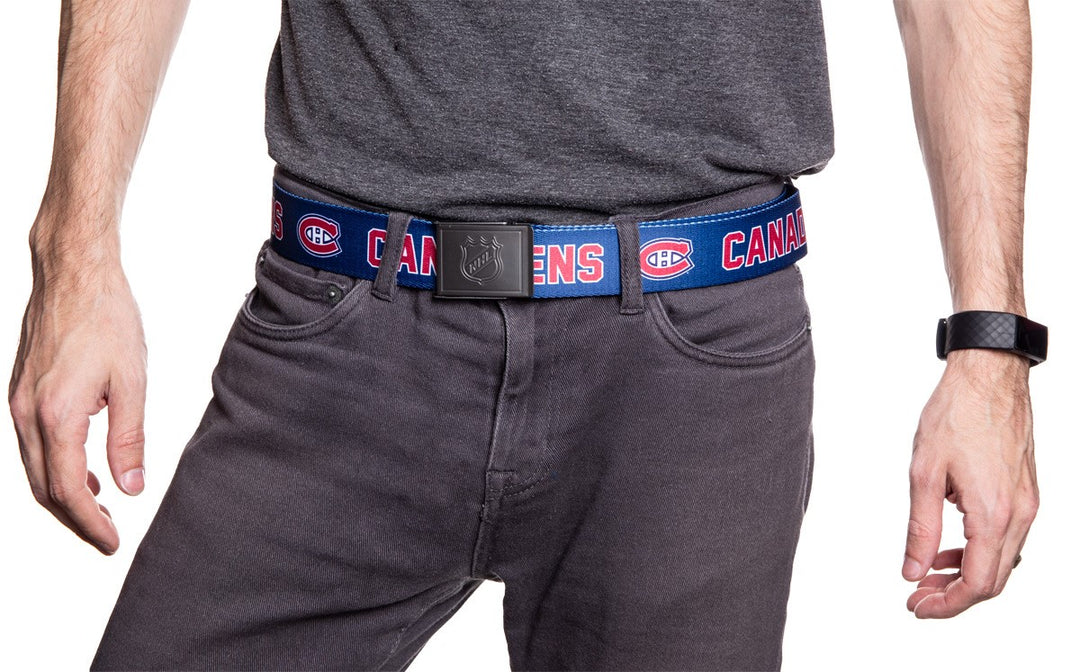 NHL Mens Woven Adjustable Team Logo Belt- Montreal Canadiens - Man wearing belt in front