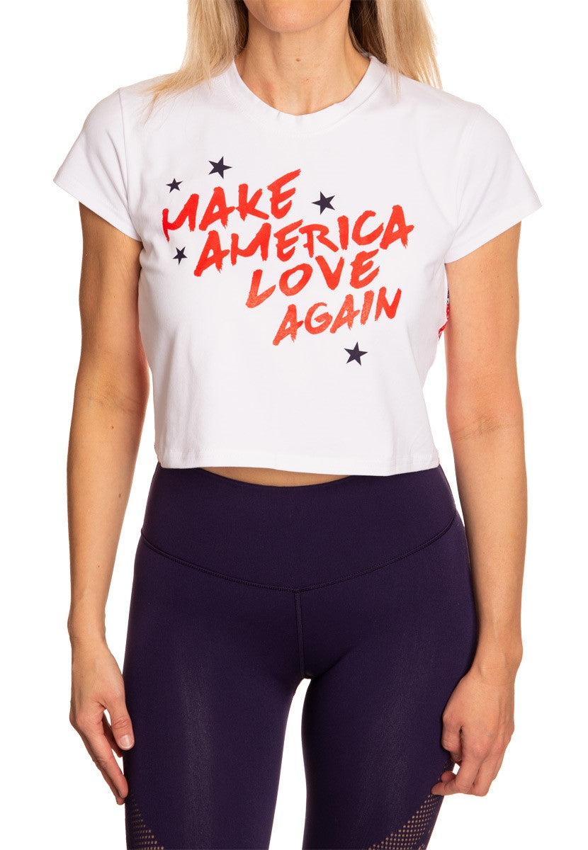 Ladies Soft Stretch Distressed American Flag Crop Top- "Make America Love Again" Full Front View With Writing And Stars 