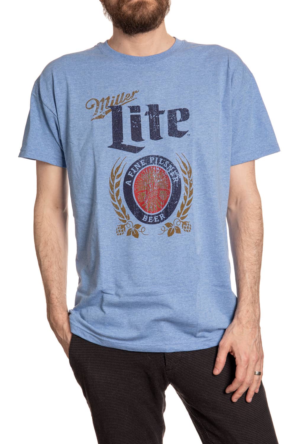 Miller Lite Classic Logo T-Shirt on Carolina Blue, Front View.