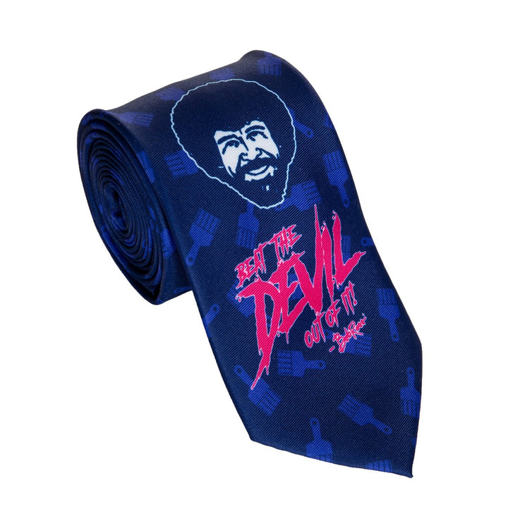 Officially Licensed Bob Ross "Beat The Devil Out Of It" Necktie  Blue With Pink Writing and Bob Ross Face On It