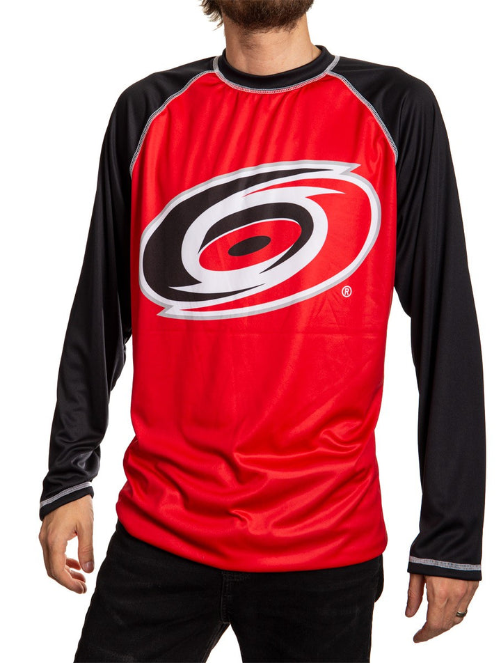 Carolina Hurricanes Jersey Style Long Sleeve Rashguard Front View, Black and Red.