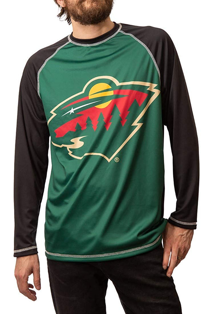 Minnesota Wild Jersey Style Rashguard Front View, Green and Black.