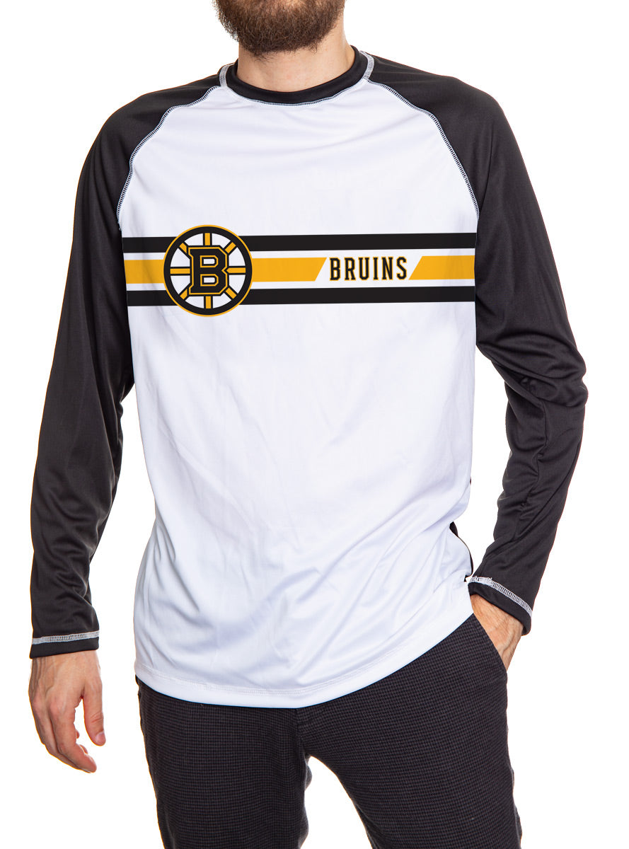 Boston Bruins Striped Long Sleeve Rashguard. White Front and Black Arms and Back.