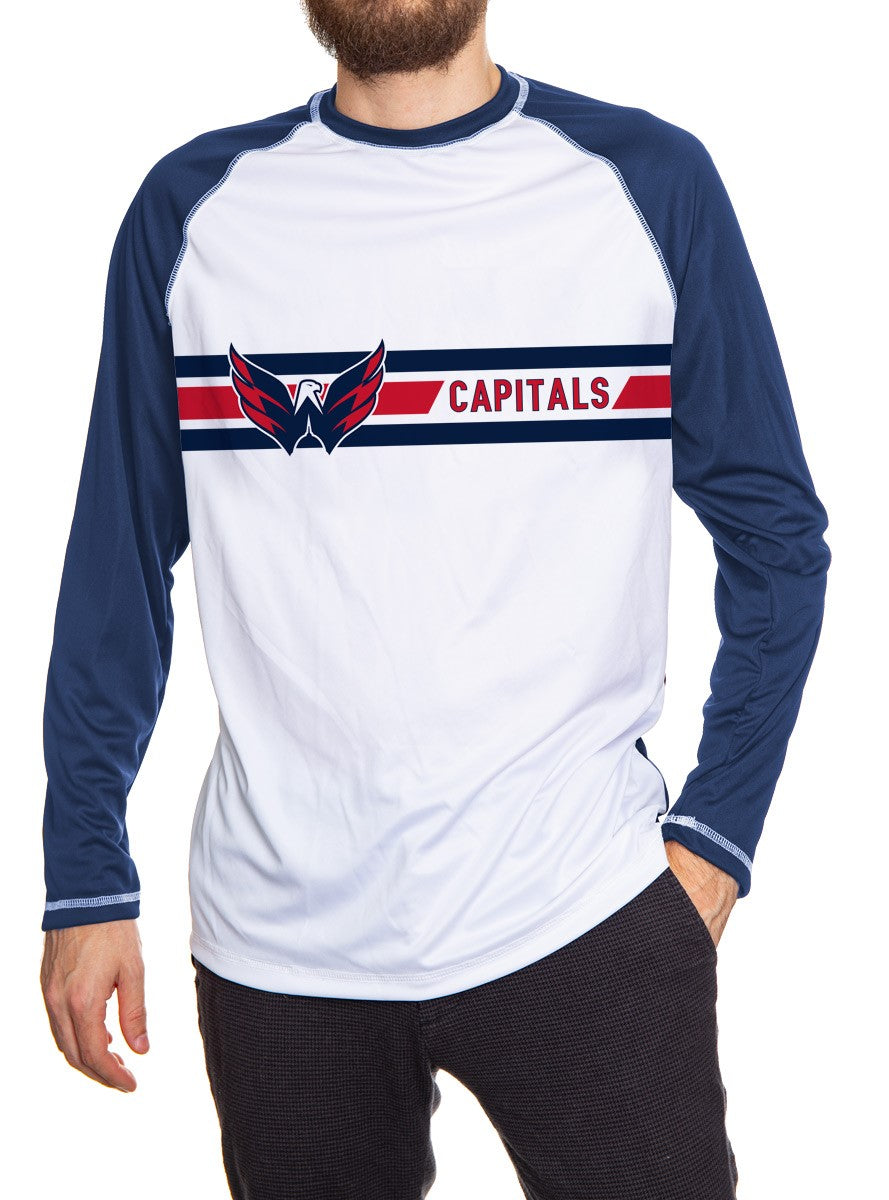 Washington Capitals Striped Long Sleeve Rashguard, White Front, Blue Arms and Back. Front View.