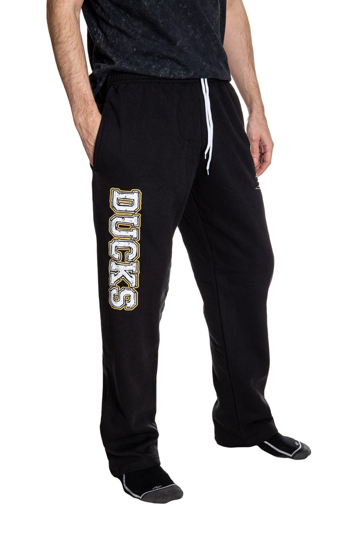 Anaheim Ducks Premium Fleece Sweatpants Side View of Ducks Print.