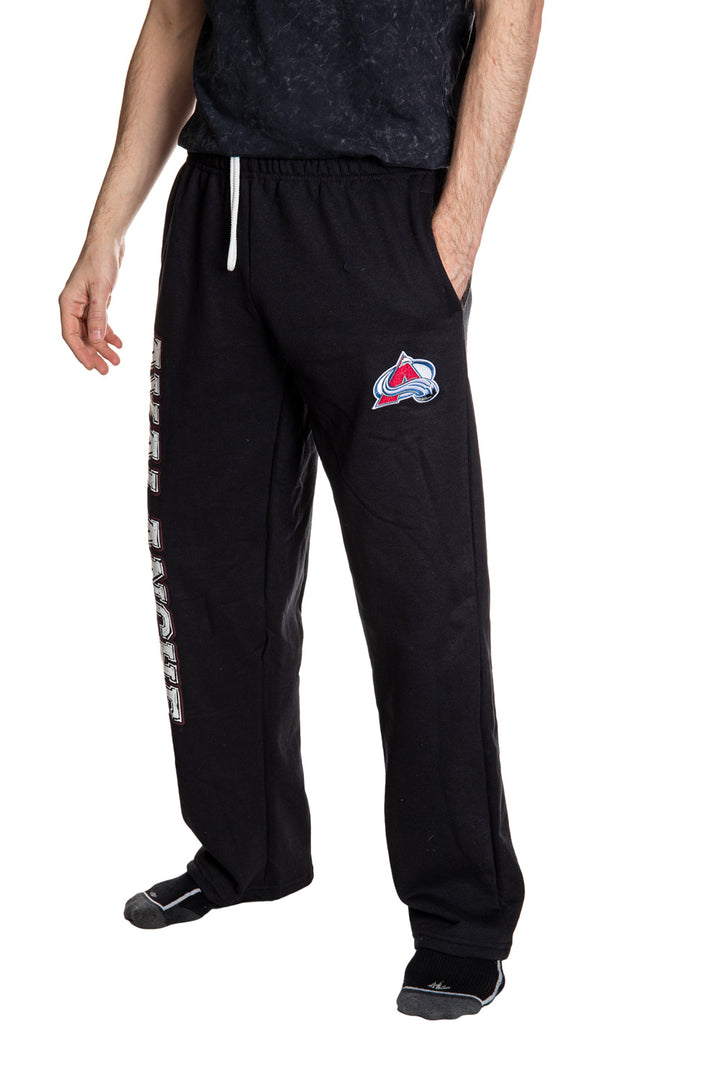 Colorado Avalanche Premium Fleece Sweatpants Side View of Embroidered Logo.