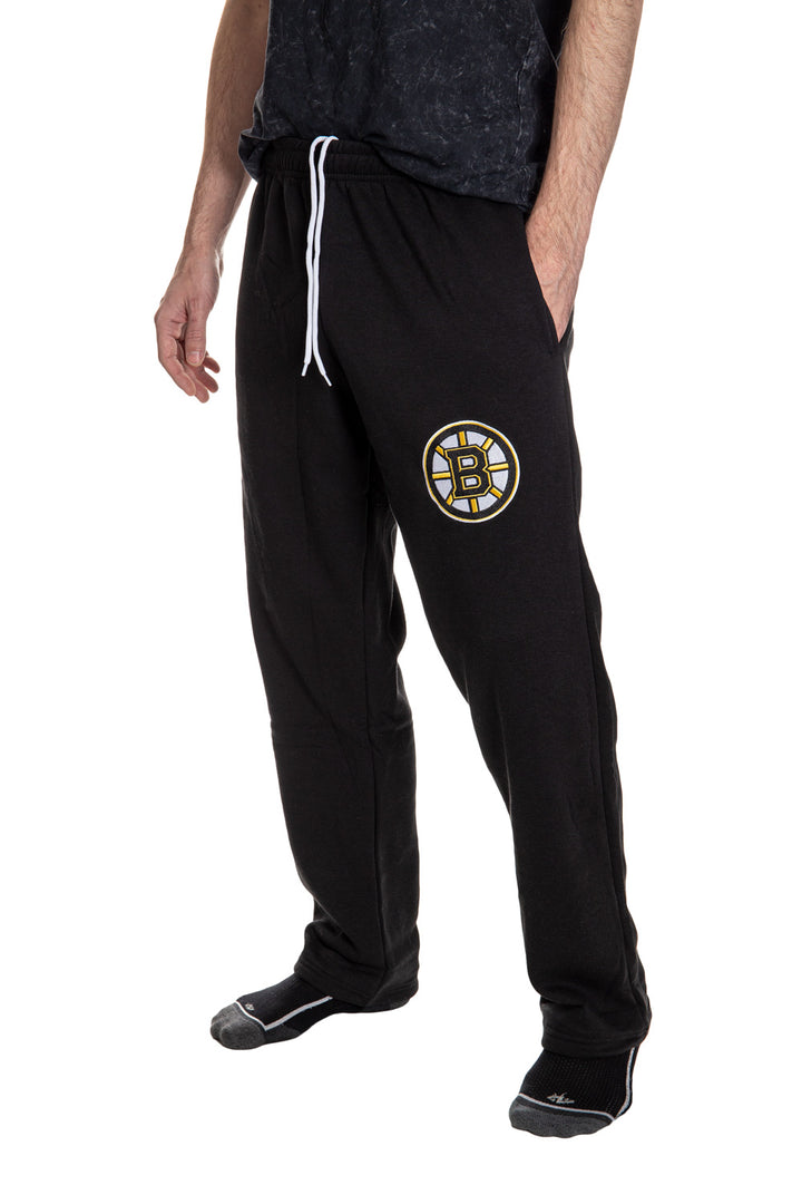 Boston Bruins Premium Fleece Sweatpants Side View of Boston Logo.