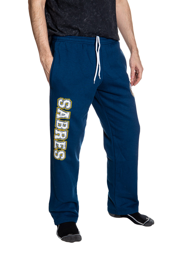Buffalo Sabres Premium Fleece Sweatpants Side View of Sabres Down Leg.