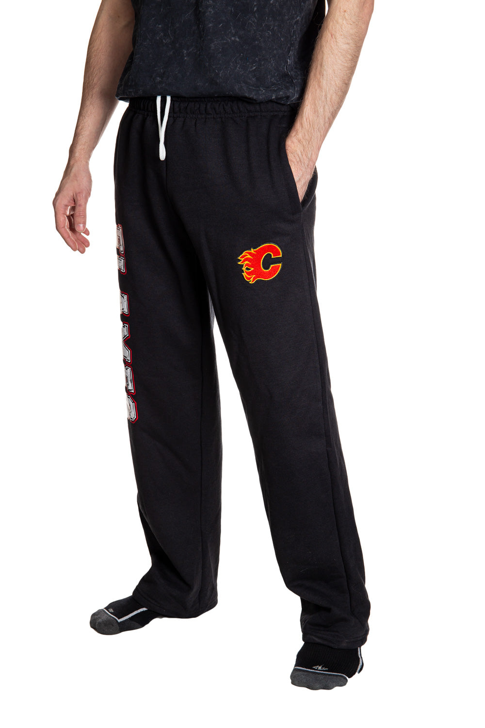 Calgary Flames Premium Fleece Sweatpants Side View of Embroidered Logo.