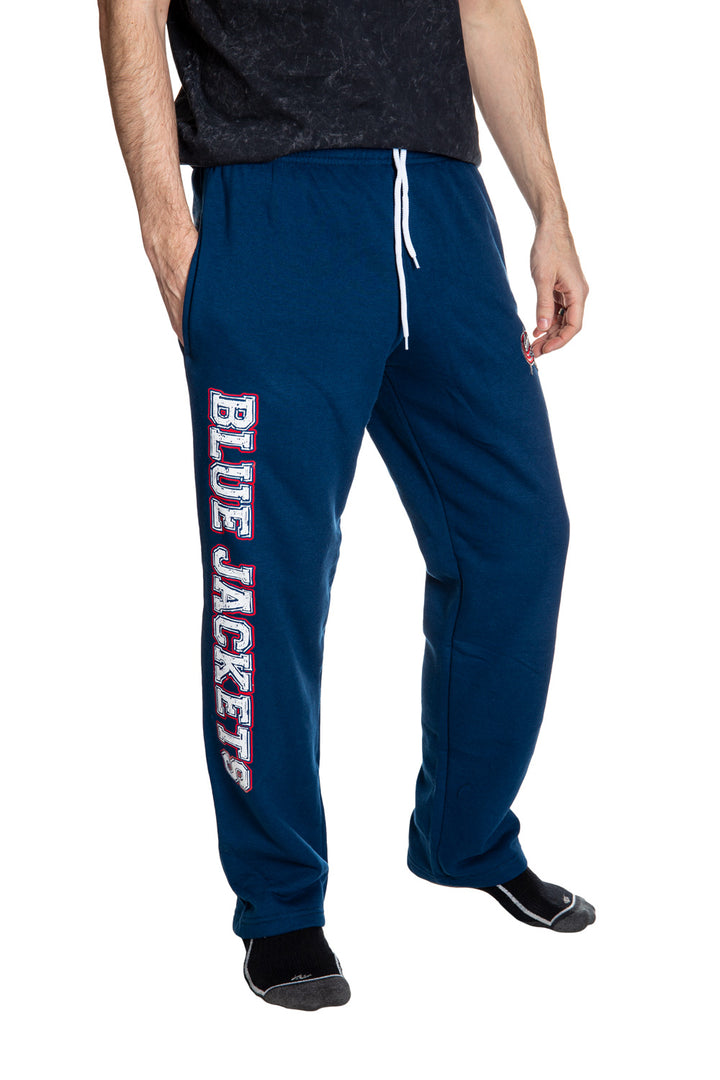 Columbus Blue Jackets Premium Fleece Sweatpants Side View of Blue Jackets Writing.