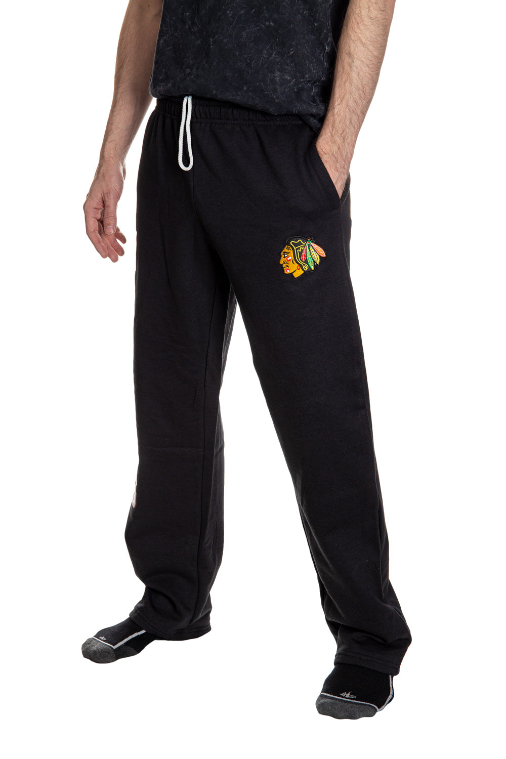 Chicago Blackhawks Premium Fleece Sweatpants Side View of Embroidered Logo.