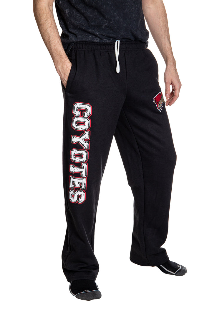 Arizona Coyotes Premium Fleece Sweatpants Side View of Coyotes Print.