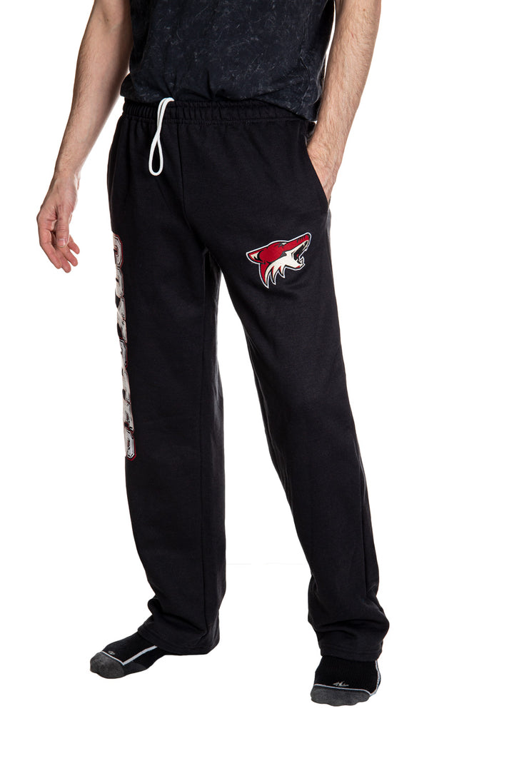 Arizona Coyotes Premium Fleece Sweatpants Side View of Embroidered Logo.