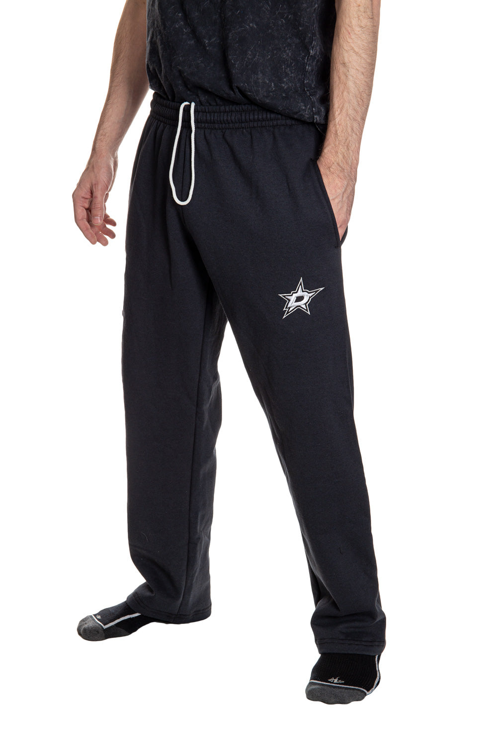 Dallas Stars Premium Fleece Sweatpants Side View of Embroidered Logo.