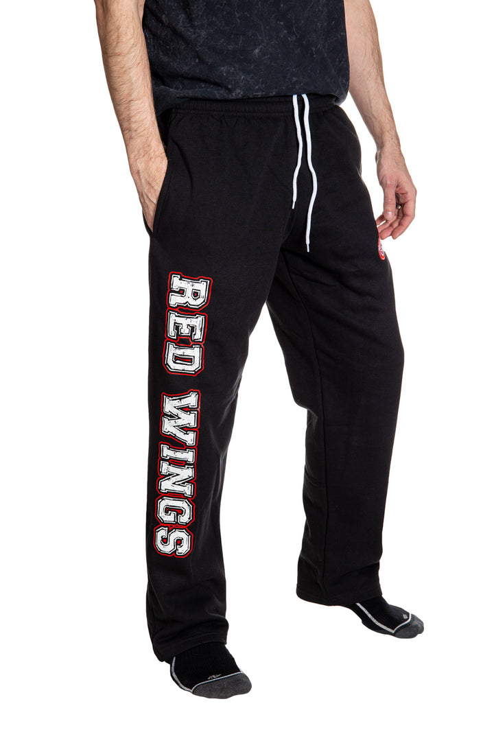 Detroit Red Wings Premium Fleece Sweatpants Side View of Red Wings Print.