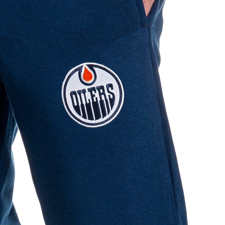 Edmonton Oilers Premium Fleece Sweatpants Close Up of Oilers Logo.