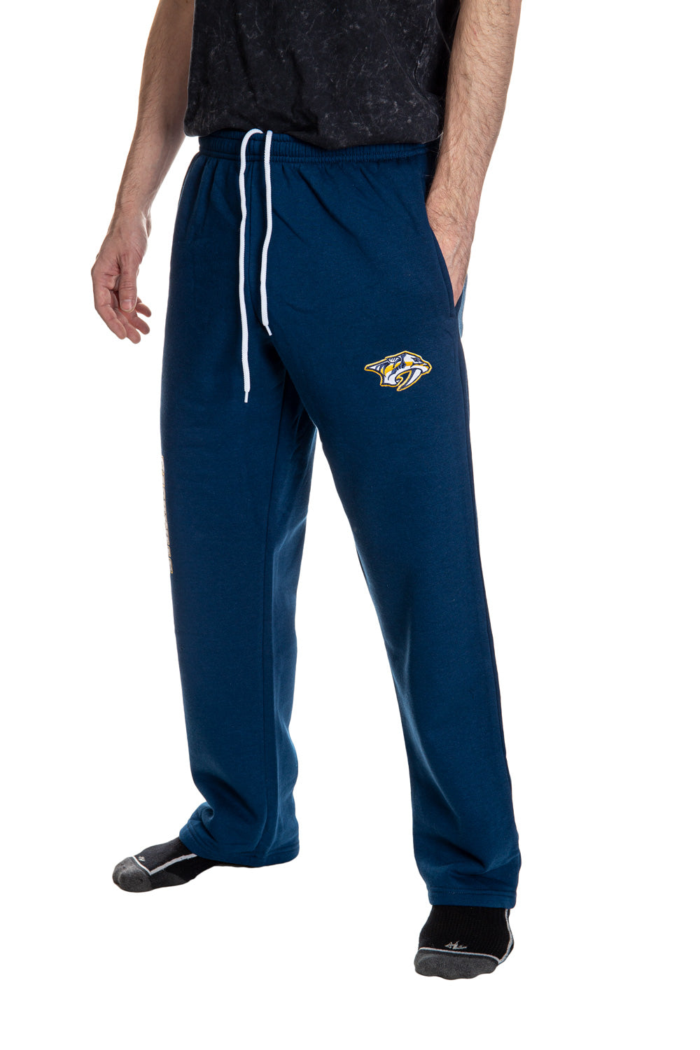 Nashville Predators Premium Fleece Sweatpants Side View of Embroidered Logo.