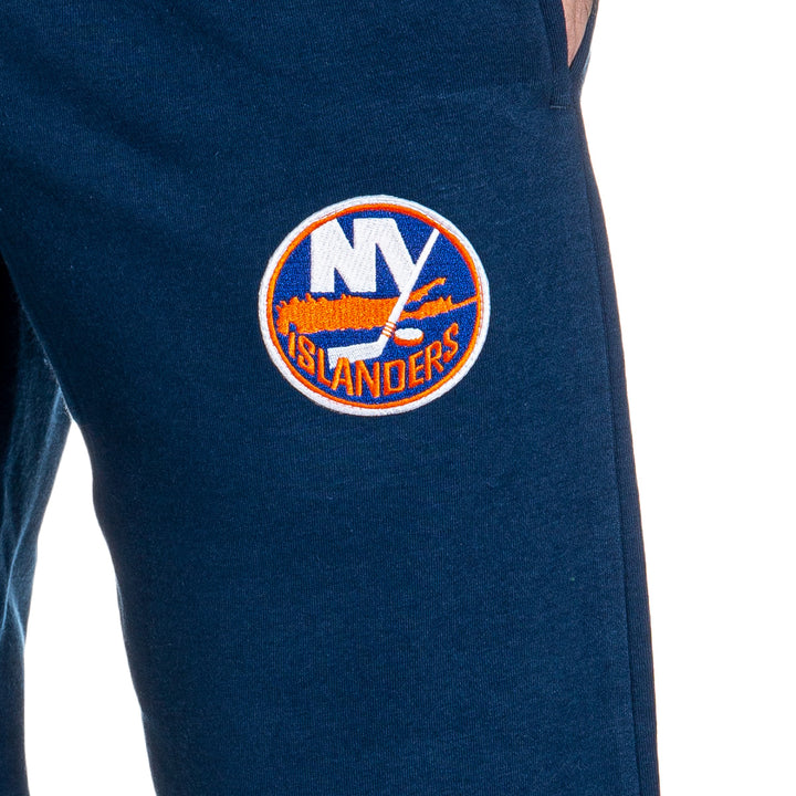 New York Islanders Premium Fleece Sweatpants Close Up of Embroidered Logo.