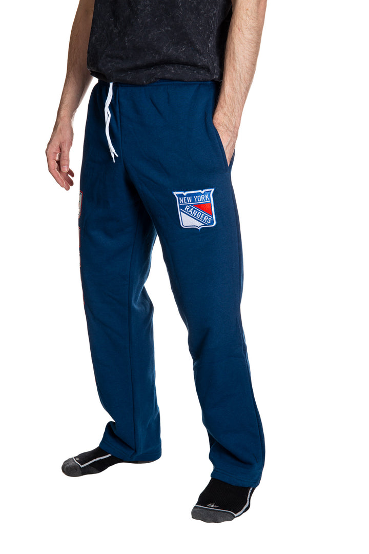 New York Rangers Premium Fleece Sweatpants Side View of Embroidered Logo. 