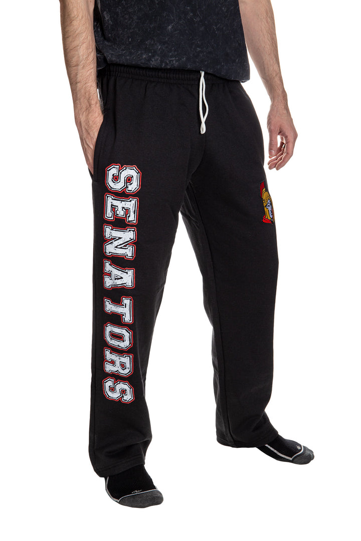 Ottawa Senators Premium Fleece Sweatpants Side View of Senators Leg Print.