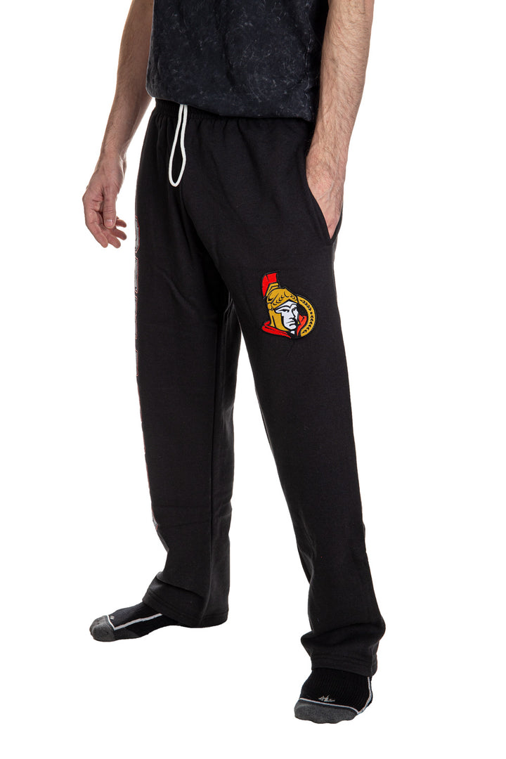 Ottawa Senators Premium Fleece Sweatpants Side View of Embroidered Logo.