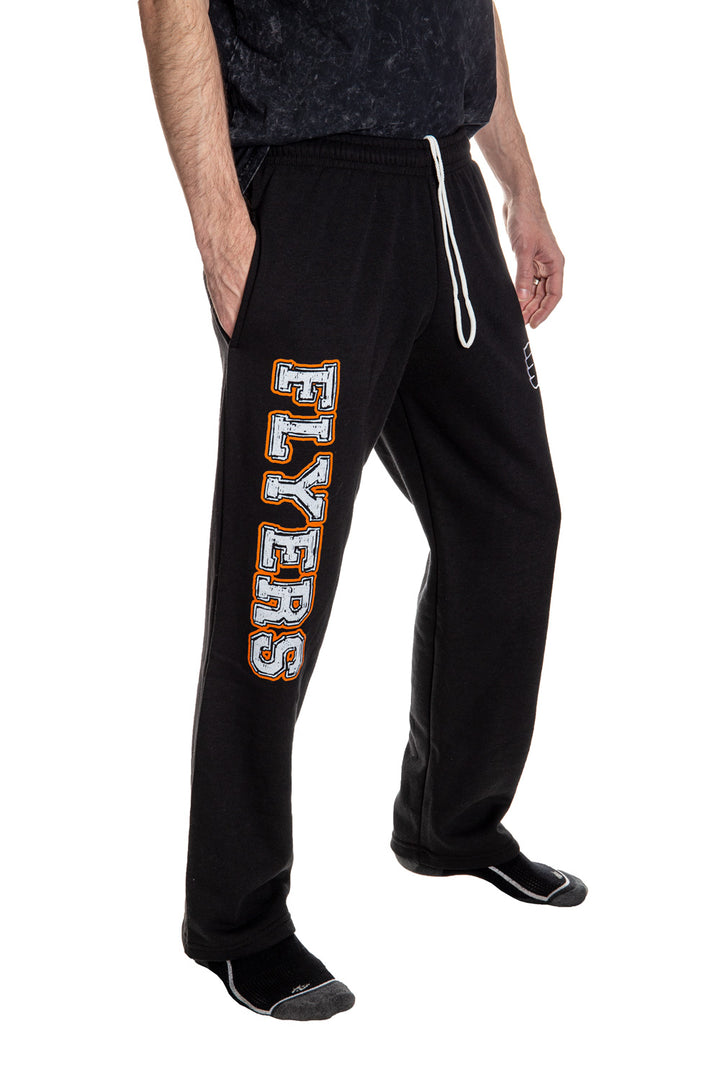 Philadelphia Flyers Premium Fleece Sweatpants Side View of Flyers Print.