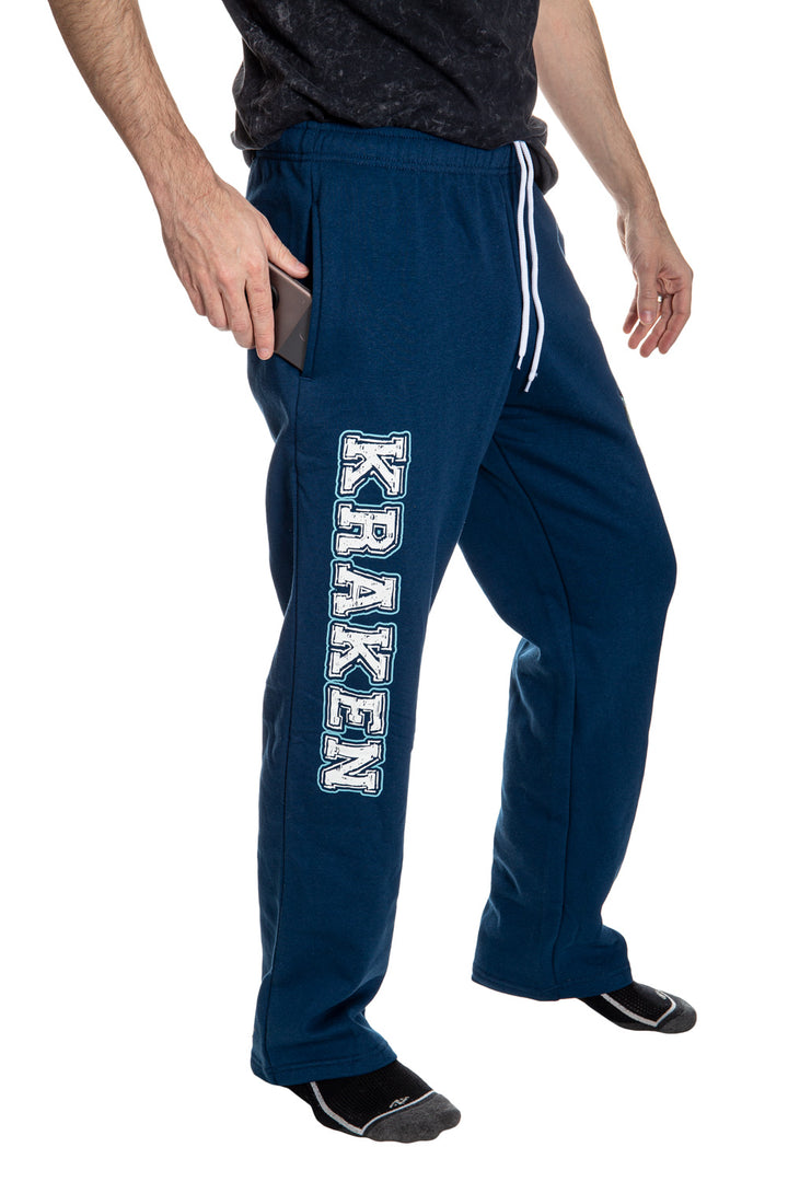 Seattle Kraken Premium Fleece Sweatpants Side View of Kraken Print.