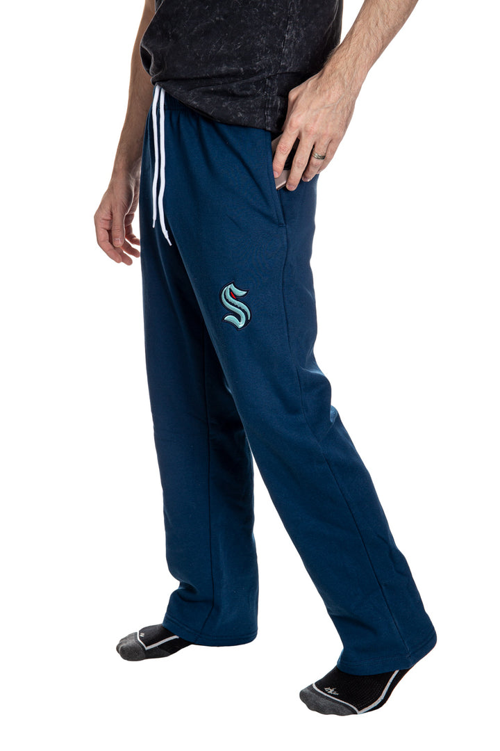 Seattle Kraken Premium Fleece Sweatpants Side View of Embroidered Logo.