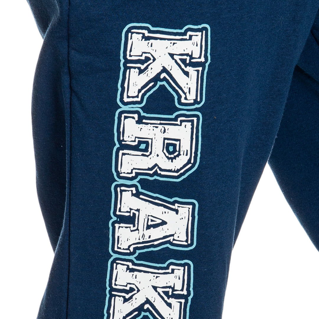 Seattle Kraken Premium Fleece Sweatpants Close Up of Kraken Print.