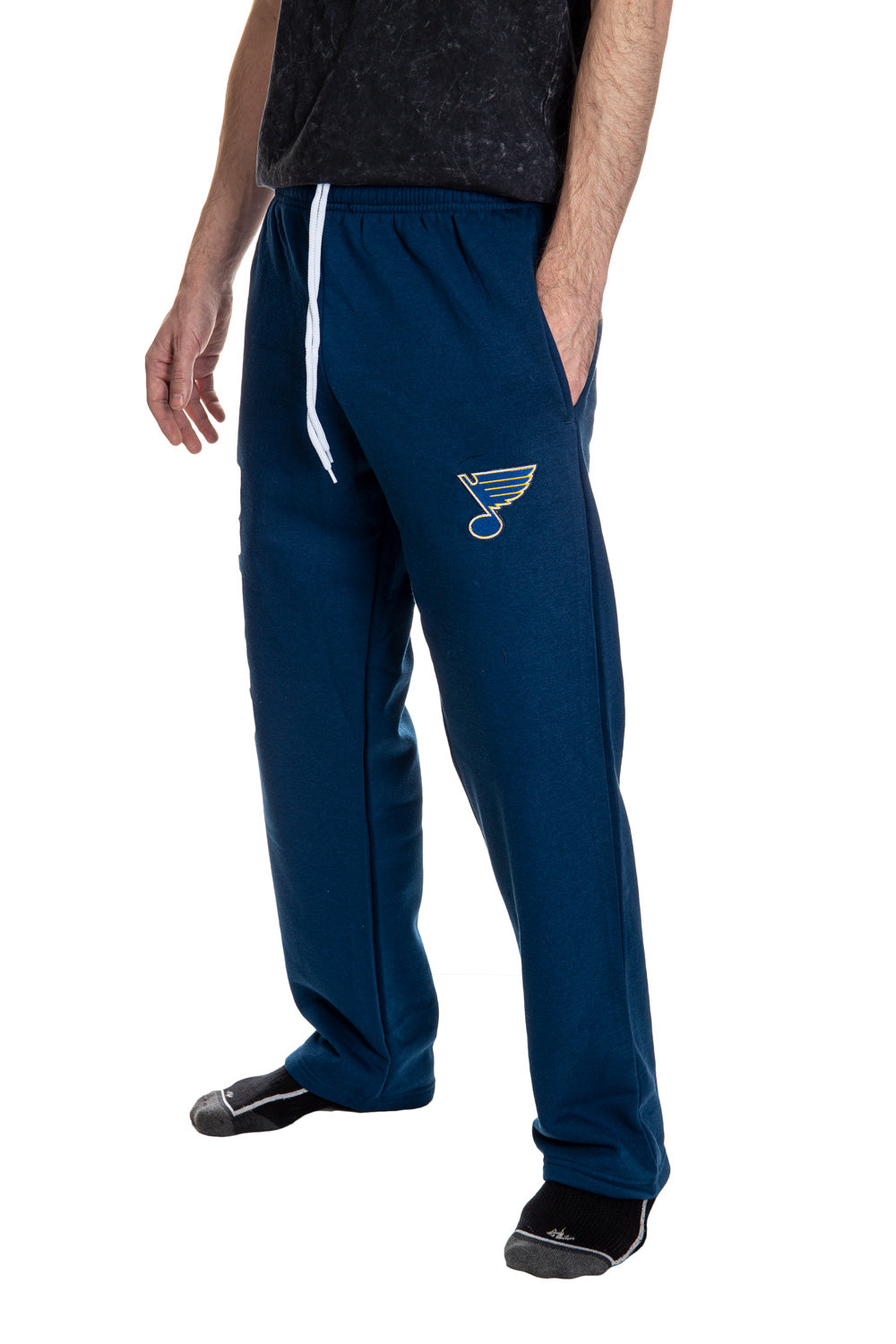 St. Louis Blue Premium Fleece Sweatpants Side View of Embroidered Logo.