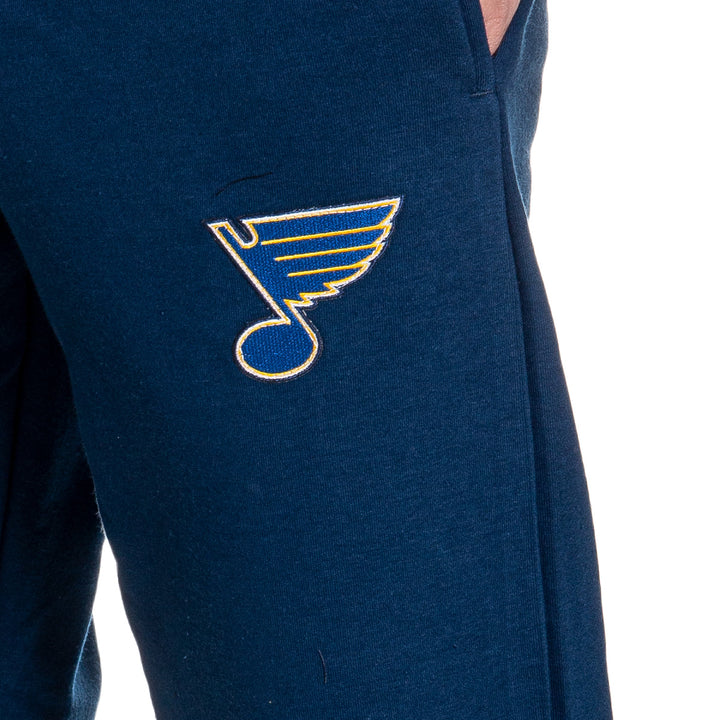 St. Louis Blue Premium Fleece Sweatpants Embroidered Logo Close Up.