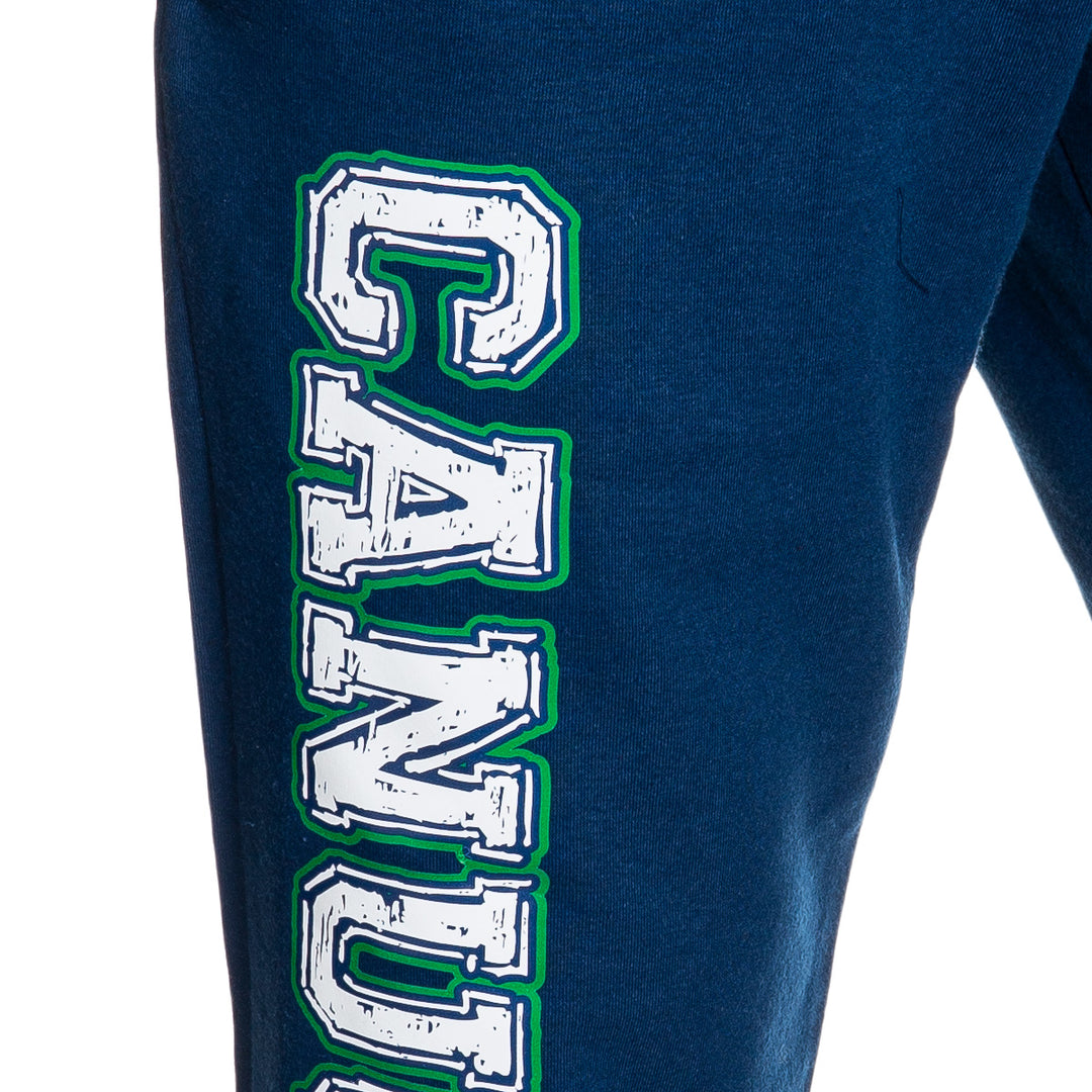 Vancouver Canucks Premium Fleece Sweatpants Close Up of Canucks Print.