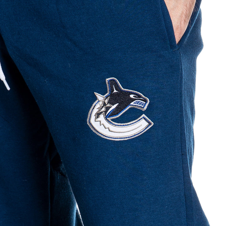 Vancouver Canucks Premium Fleece Sweatpants Close Up of Embroidered Logo..
