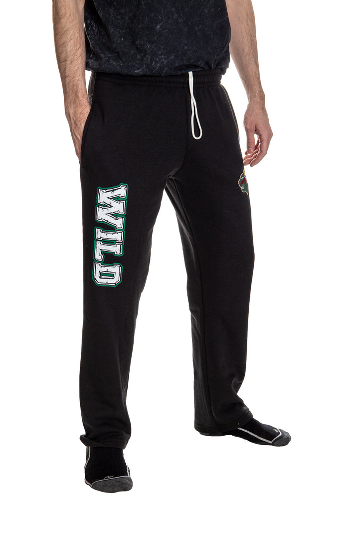 Minnesota Wild Premium Fleece Sweatpants Side View Of Wild Print.