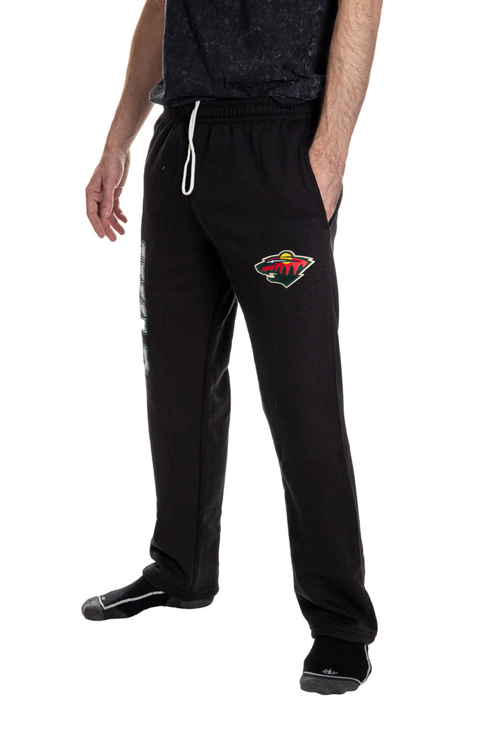 Minnesota Wild Premium Fleece Sweatpants Side View of Embroidered Logo.