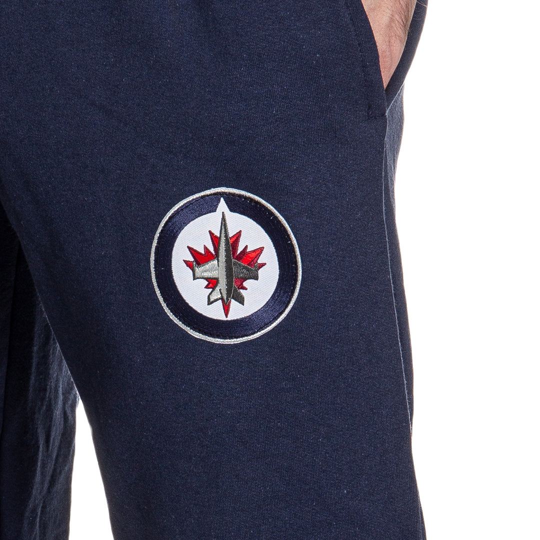 Winnipeg Jets Premium Fleece Sweatpants Close Up of Embroidered Logo.