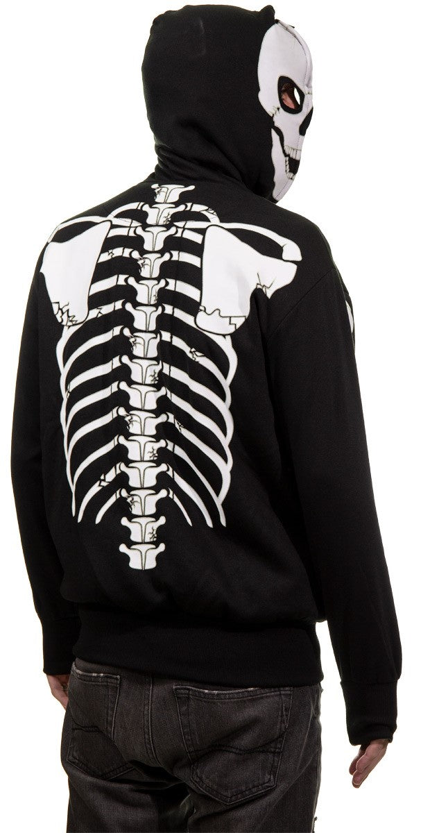 Calhoun Men's Glow in The Dark Skeleton Costume Zip Hoodie Back View Full Skeleton Print On Back of Hoodie