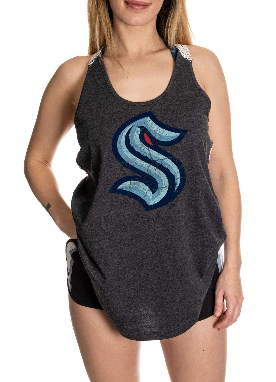 Seattle Kraken Ladies Tank Top, Distressed Logo On Grey Tank