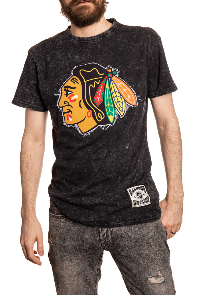 Chicago Blackhawks Frayed Logo Acid Wash T-Shirt