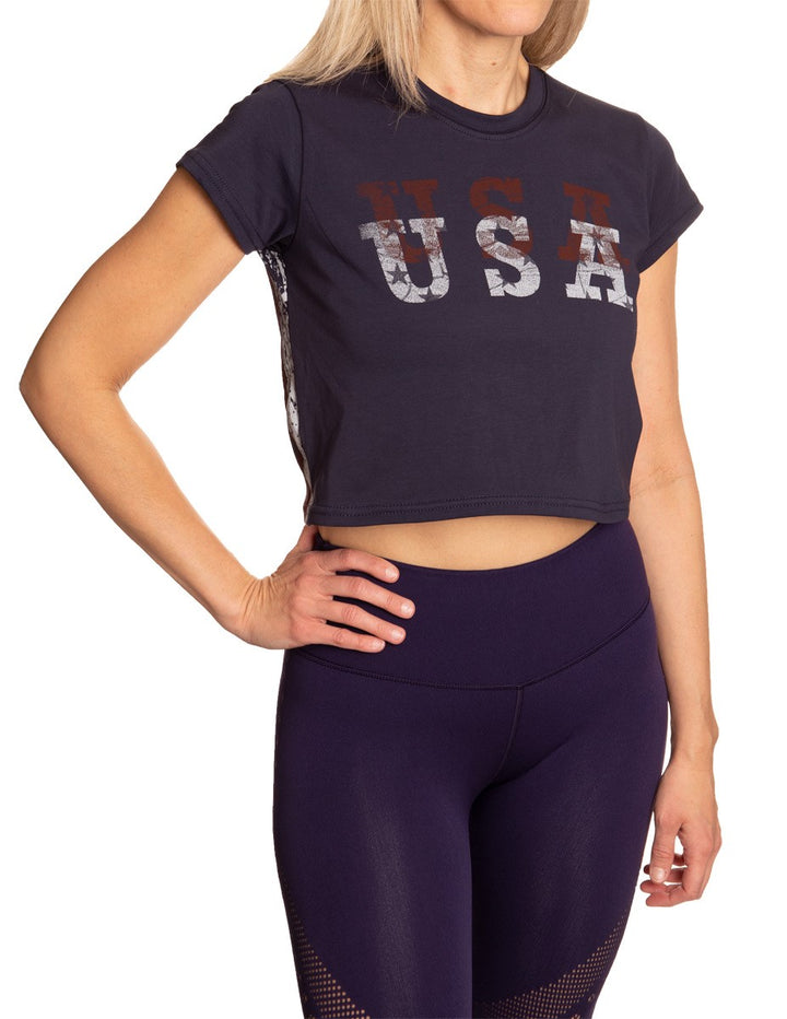 Ladies Soft Stretch Distressed American Flag Crop Top- Double Font Side View Of Girl Wearing Top